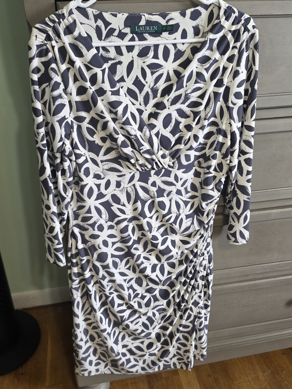 Navy and White Printed Wrap-Style Dress